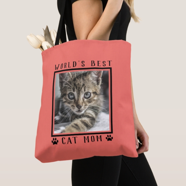 Worlds Best Cat Mom Pet Photo Tote Designed by Purple Cat Arts